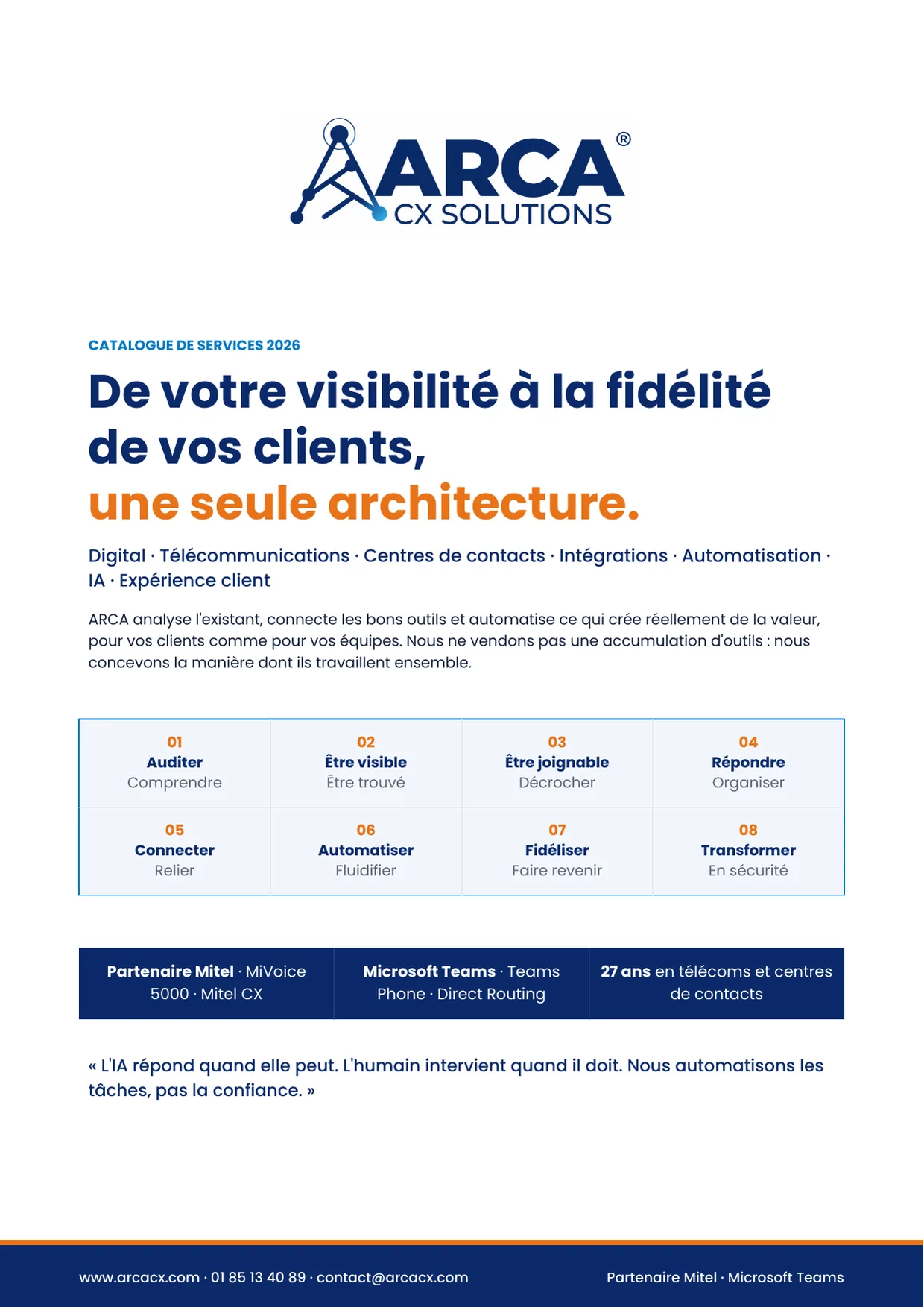 Page 1 du catalogue ARCA CX Solutions 2026 : Couverture · une seule architecture