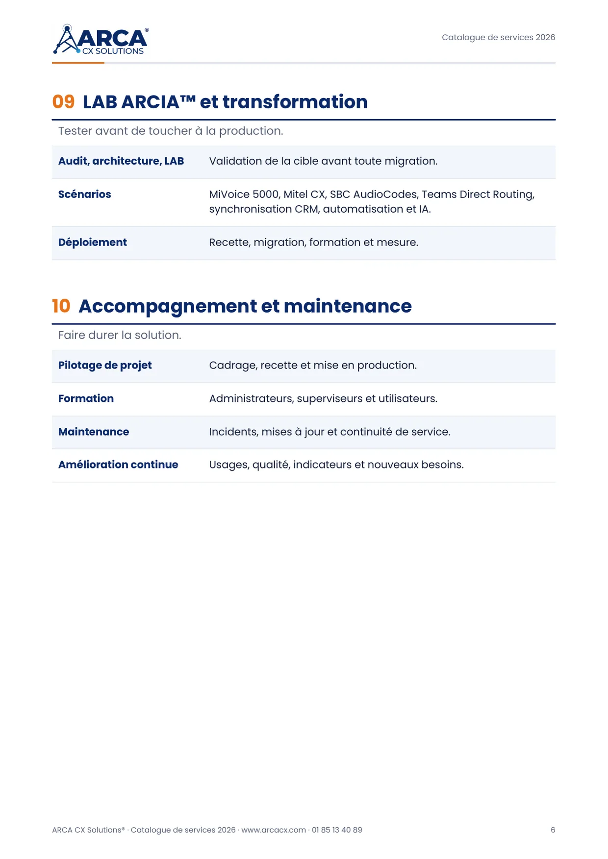 Page 6 du catalogue ARCA CX Solutions 2026 : LAB ARCIA™ · Accompagnement et maintenance