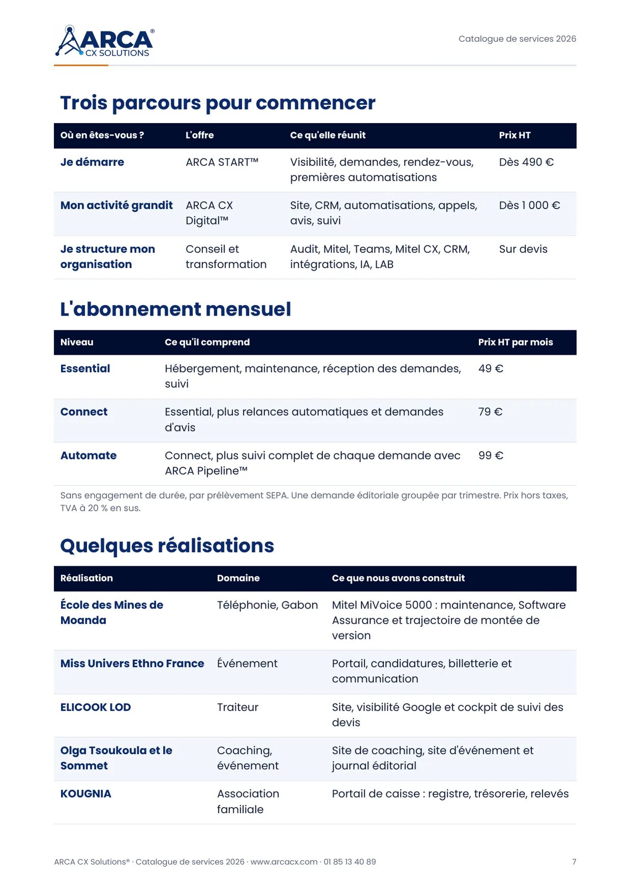 Page 7 du catalogue ARCA CX Solutions 2026 : Trois parcours, abonnement mensuel et réalisations