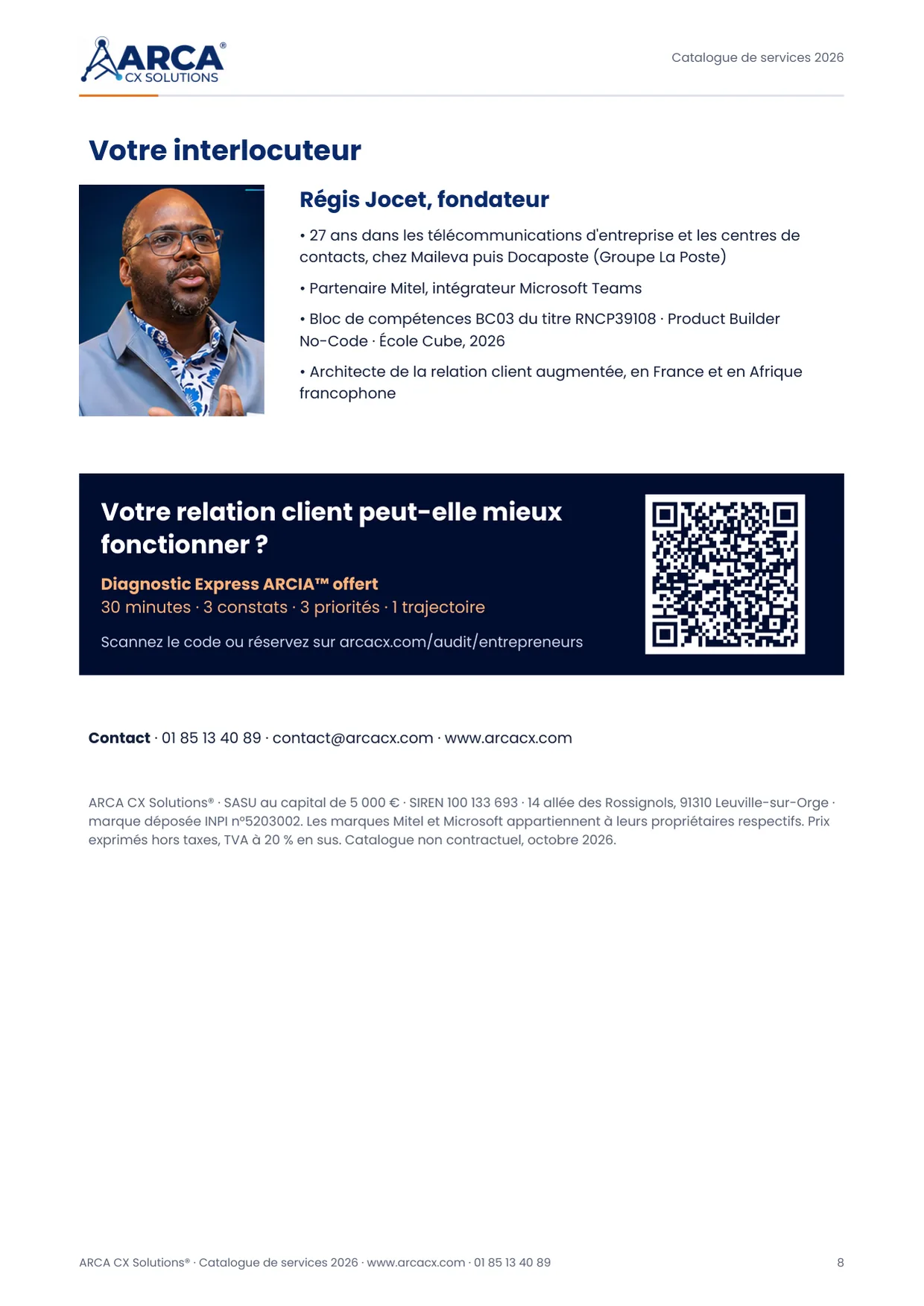 Page 8 du catalogue ARCA CX Solutions 2026 : Votre interlocuteur et contact